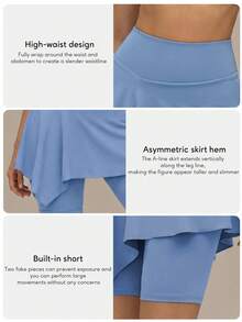 Women's Anti-Exposure 2 In 1 Asymmetrical Skort High Waisted Slimming Fitness Sports Shorts - Blue - View 3