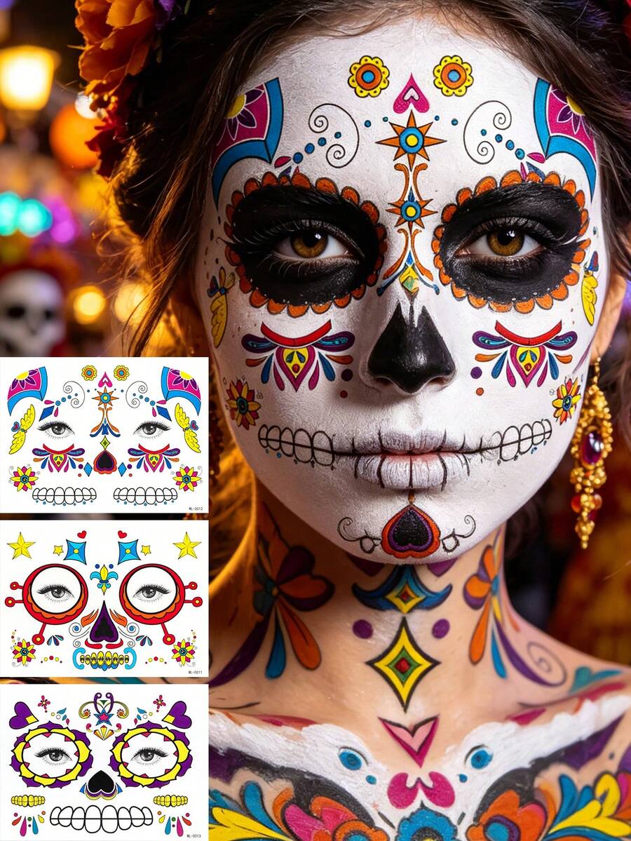 Pegatinas de Tatuaje Temporal de Calavera de Azúcar del Día de los Muertos para la Cara, 3 piezas, Calcomanías de Transferencia de Esqueleto Catrina Floral Colorido para Mejilla y Frente, Resistentes al Agua y al Sudor, Amigables con la Piel, Estética Vibrante, para Cosplay, Halloween, Accesorios de Festival