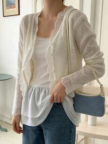 Solid Color Petal Hollow Design Knit Cardigan White - White - View 2