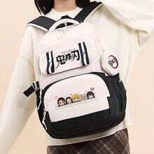 Miniso Korean Two Pieces Demon Slayer Black White Chibi Group Large Daily Backpack With Demon Mark Coin Purse, Perfect For Anime Lovers Daily Commute, Outdoor - Color 1 - View 3