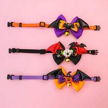 2pcs Bow Knot Bell Dog Collar, Pumpkin & Bat Design, Adjustable Halloween Pet Costume Accessory For Small To Medium Cats And Dogs - Multicolor - View 3