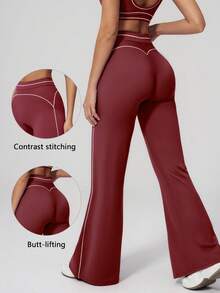 TimeOff Women's 1pc Contrast White Line High Waist Tummy Control Butt Lift Wide Leg Sports Pants - Burgundy - View 10