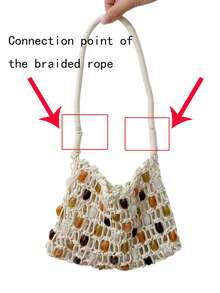 2026 Woven Mesh Shoulder Bag, Colorful Stone Bead Decor Plaid Vacation Handbag, Drawstring Design, Inner Pocket, Women's Bag - Beige - View 3