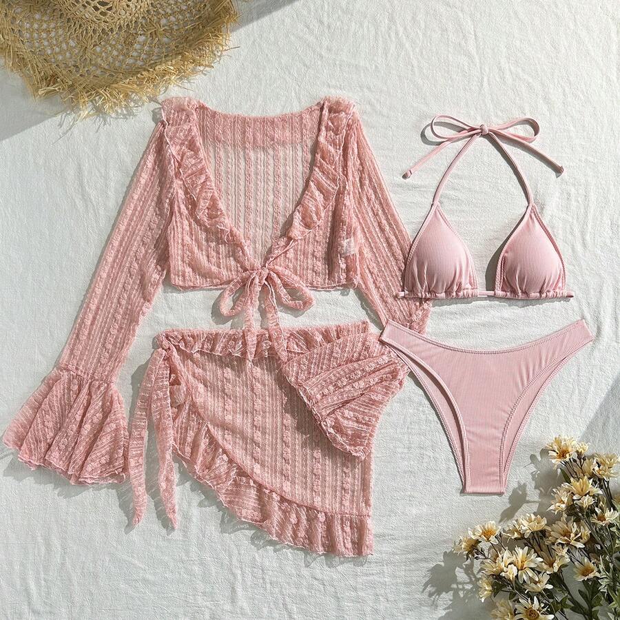Sexy 4-teiliges Spitzen-Mesh-Bikini-Set, Damen-Durchsichtiger Triangel-Badeanzug mit hochtailliertem Unterteil und Mesh-Überwurf - Rosa - Übersicht 1