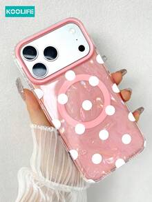 KOOLIFE 1pc Pink Iridescent Shell White Big Polka Dot Magnetic Phone Case, Built-In MagSafe Magnet With Independent AI Button, TPU+PC 2 In 1 Dual Layer Shockproof Glossy Cover, Cute Sweet Ins Girly Minimal Fashion Style, Raised Anti-Scratch Camera Edge Holiday Gift Shell Compatible With Apple 17/17pro/17promax/16/15 - Pink White Polka Dots - View 5