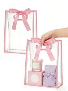 5pcs Transparent Gift Bags With Pink Trim And Satin Bow, Reusable Clear PVC Tote Bags, Suitable For Wedding, Bridal Shower, Birthday Gift Packaging, Elegant Gift Packaging, Suitable For Boutique Flower Display, 1pc - Multiple Styles - View 3