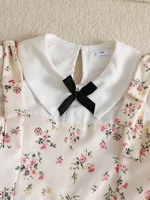Girls' Dress For 8-12 Years Old, Pastoral Ditsy Floral 2 In 1 Dress, Peter Pan Collar, Long Sleeve, Patchwork Waist, A-Line, Birthday, Outing, Autumn Outfit, Bow Decor, Invisible Zipper - White - View 7