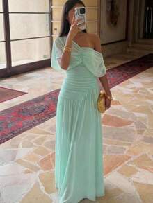 Elegante vestido de mujer verde menta de malla con fruncido, escote asimétrico sin hombros, línea A, estilo bohemio tropical, atuendo de verano para boda - Wasserblau - Ver 1