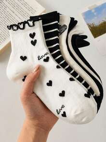 5 Pairs Random Black & White Bow Ruffle Mid-Calf Socks, Sweet Campus Style, Suitable For Work, Casual, All Seasons - Multicolor - View 1