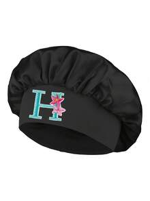 個性化字母緞面髮帽，寬版舒適髮帶，客製化姓名縮寫刺繡睡眠帽，粉色絲綢夜帽，女孩禮物 - 彩色字母刺繡黑色 - 查看 36