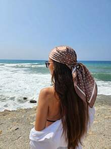 1pc Women's Beige & Brown Polka Dot Print Satin Scarf, Vintage Elegant Veil Headscarf, Fashion Street Style Headscarf, Suitable For Daily Wear, All Season - Skin Purple - View 3