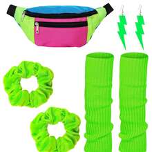 4pcs 80s/90s Style Neon Green Leggings, Holographic Bag, Headband Set, Suitable For Yoga, Party, Summer Activity Theme Party And More - Multicolor - View 12