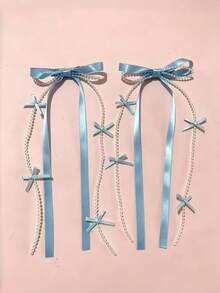 1/2pcs Ballet Style Long Ribbon Bow Hair Clips, Sweet Alligator Hair Clips, Princess Twin Ponytail Tassel Hair Accessories - Multicolor - View 3