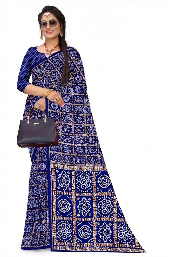 Estationeryhouse Bandhani Square Print Saree With Unstitched Blouse Piece - Blue - View 1
