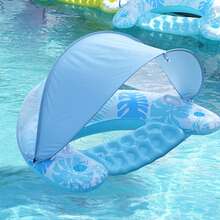 1pc Adult Inflatable Pool Float Bed With Detachable Double-Layer Sunshade Canopy, Large Backrest Water Lounge Chair, Dual Cup Holders, Thickened PVC Floating Mat, Essential For Travel Beach Vacation - Floating Rafts - View 7