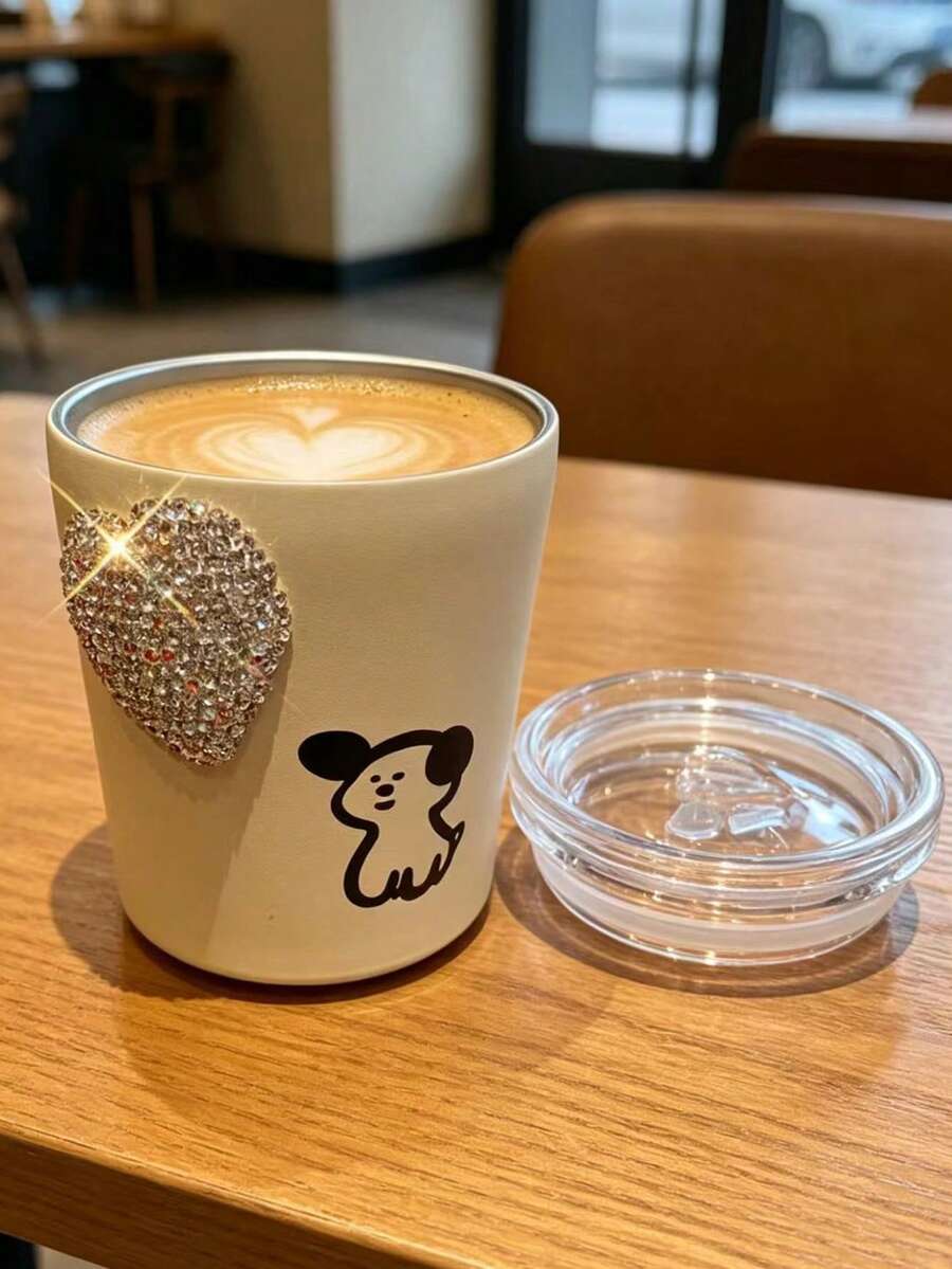 1pc Luxury Rhinestone Heart-Shaped Cute Dog Coffee Cup + ABS Lid, Stainless Steel Vacuum Insulated Coffee Cup, Double-Wall Structure With Powder Coating, Suitable For Travel Or Iced Coffee - Silver - View 1