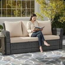 67.7" All-Weather Wicker 3-Seat Patio Sofa With Thick Biege Cushions & Black Frame-XY308118 - Multicolor - View 8