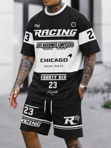 Fractyr Men's Racing Chicago 23 Letter Colorblock 2-Piece Set, Crew Neck Short Sleeve T-Shirt And Drawstring Racing Shorts Matching Sports Outfit - Black - View 6