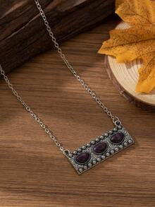European And American Bohemian Style Women's Vintage Fashion Personalized Rectangular Multicolor Stone Necklace, Suitable For Spring And Summer Clothing Matching, Holidays And Other Occasions - Purple - View 5