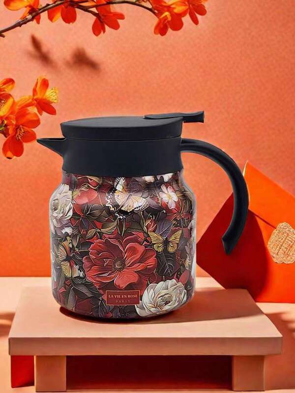 1pc 1000ml Fashion Floral Pattern Stainless Steel Double-Wall Vacuum Insulated Coffee Pot/Teapot, Reusable Double-Wall Vacuum Insulated Stainless Steel Water Bottle, Steeping Teapot Home Old White Tea Separator Brewing Pot Office Portable Insulated Coffee Pot Steeping Teapot, Suitable For Holding Water, Iced Tea, Coffee, Milkshake, Etc.
