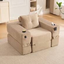 Folding Corduroy Sofa With High-Density Foam And Spring Core For Stable Seating, Side Pocket And Cup Holder, Armrest With Zip, Vacuum Packed, Easy Assembly, For Apartment And Living Room. - 卡其色 - 查看 5