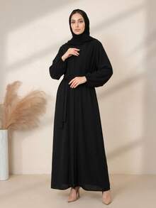Hafizah Women's Solid Color Kimono-Style Abaya & Long Dress Set, No Hijab - Black - View 2