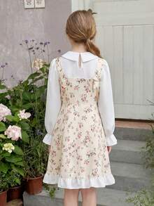 Girls' Dress For 8-12 Years Old, Pastoral Ditsy Floral 2 In 1 Dress, Peter Pan Collar, Long Sleeve, Patchwork Waist, A-Line, Birthday, Outing, Autumn Outfit, Bow Decor, Invisible Zipper - White - View 2
