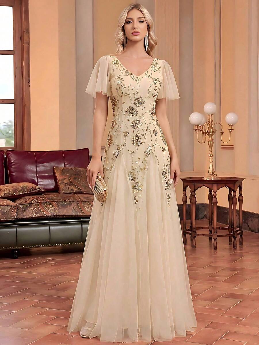 EVERPRETTY Luxury Women's Rose Flower Sequin Decor V-Neck Formal Party Dress, Gold Ruffle Hem A-Line Silhouette, Suitable For Bride's Mother, Mother's Day And Other Formal Occasions, Wedding Spring