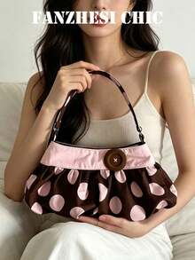 This Fashionable Chocolate-Colored Fabric Shoulder Bag Features Polka Dot Pattern, Pleated Design And Button Accents, Making It Perfect For Office Workers, Teachers, Students, Young Women And Fashionistas. It Is Suitable For Commuting, Shopping, Dating, Vacation, Wedding, Daily Outings And Weekend Short Trips. - Chocolate Brown - View 1