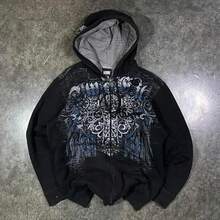 Women Zip Up Hoodie Y2k Vintage Graphic Oversized Hooded Sweatshirt Jacket Pullover Coats Harajuku Streetwear - Black - View 3