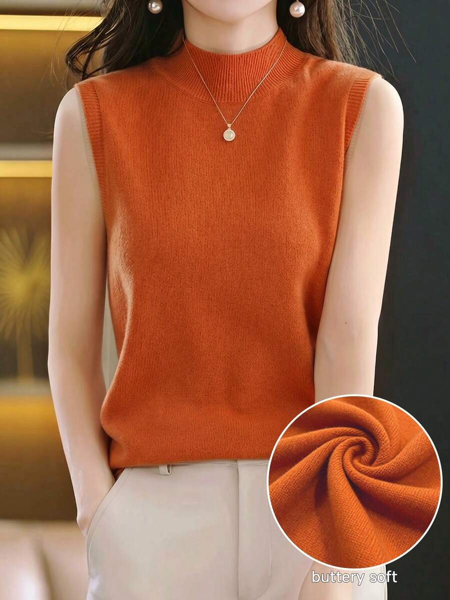 New Women's Solid Color Knit Vest Spring And Summer Lightweight Slim Short Versatile Half-High Neck Undershirt Casual Sleeveless Tops - 深橙色 - 查看 1
