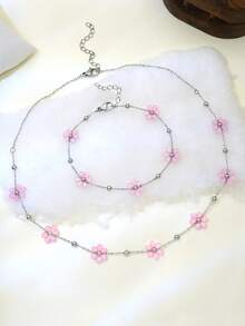 2 pezzi/Set Gioielli in acciaio inossidabile da donna, collana con ciondolo a fiore rosa e bracciale, regalo per la festa della mamma, compleanno, vacanza - Multicolore - Visualizzare 3