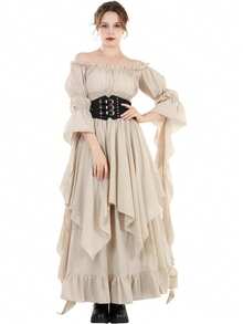Medieval Style Women's Solid Color Off Shoulder Flared Sleeve Ruched Waist Maxi Elegant Dress Spring - Champagne - View 4