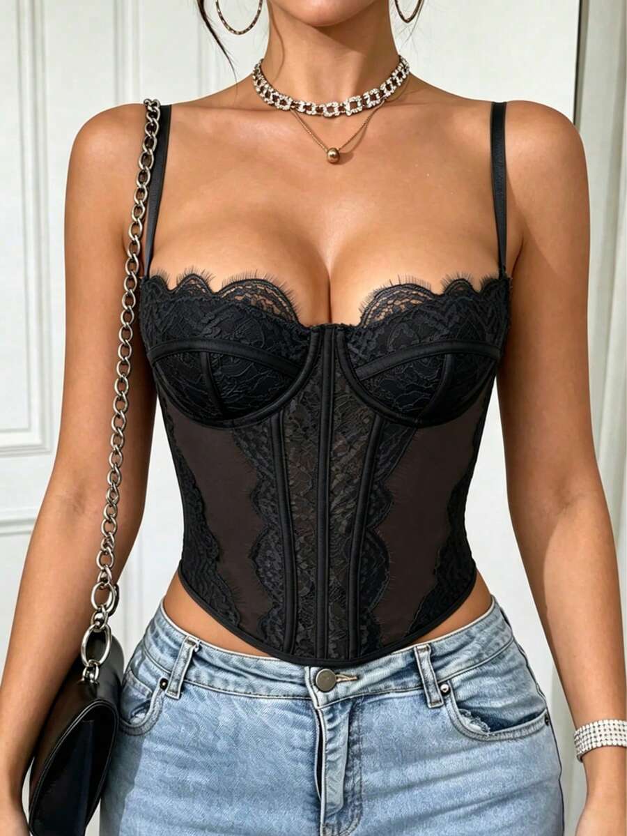 1pc Lace Camisole, Fitted For Dates/Parties/Outings Casual Black Summer - Black - View 1