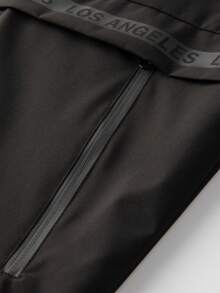Men's Jacket, Suitable For Spring And Autumn, With Hood; Fashion Casual Jacket, Made Of Windproof And Wear-Resistant Fabric; Waist With Letter Logo, Side With Zipper Pockets; Perfect For Work, Outdoor Activities And Daily Wear - Black - View 5