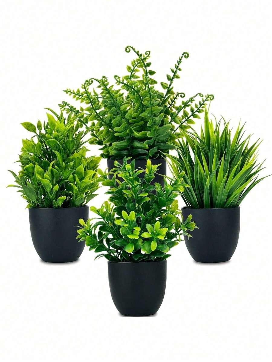 MEHELANY 4/1件裝人造植物 綠色人造盆栽 塑膠人造花盆 迷你人造植物 黑色花盆 適合居家室內 辦公室 餐桌 農舍風 浴室裝飾 庭院裝飾 送禮 花園裝飾 戶外植物