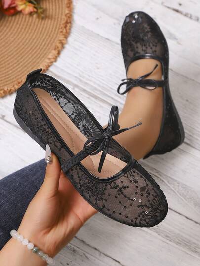 Black Lace Sequin Mary Jane Shoes For Women, Summer Breathable Mesh Shallow Vamp Flat Shoes, Soft Sole Comfortable Commuter Fairy Shoes