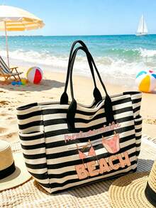 1/2pcs Striped Tote Bag And Cosmetic Bag Set, Printed With "Meet Me At The Beach" Pattern. Casual Tote Bag Style Is Simple And Fashionable, With Spacious Capacity And Versatile Function, Suitable As A Versatile Commuter Bag, Vacation, Travel, Daily Commute And Shopping, Ideal Gift For Friends And Family, New Summer, Travel Essential, Suitable As Women's Birthday Party Gift, Bridal Gift, Suitable For Girls, Women, Girlfriends - Multicolor - View 9