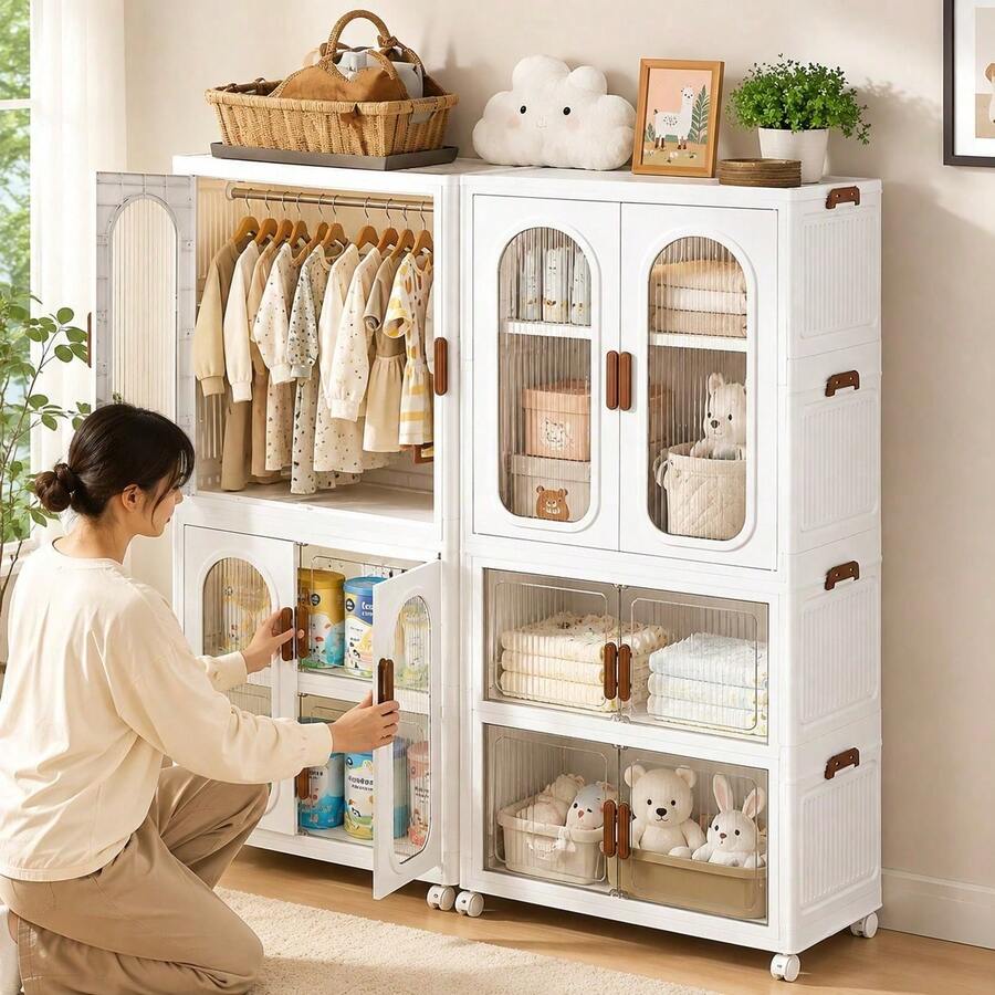 58cm 4 Layers Large Stackable Storage Box With Lid Wheels Foldable Plastic Clothing Storage With Drawer Function, Kitchen Bedroom Student Dorm Multi-Scene Storage Organizer Bin - White - View 1