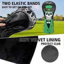 St. Patrick's Day Lucky Four-Leaf Clover & Skull Embroidered Golf Club Headcover, Good Luck Design, Unique Eye-Catching Golf Accessory Gift - Black - View 4