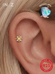 IN Z 1pc 925 Sterling Silver Natural Opal Inlaid Four-Pointed Star With 4 Cubic Zirconia Surrounded Flat Back Lip Stud Earring | Small Stud Earring | Stackable Earring | Octagonal Star Earring | 925 Sterling Silver Jewelry | Suitable For Women's Daily Wear | Sold As Single Piece (Not A Pair) - Four-pointed Star With Four Diamonds - View 1