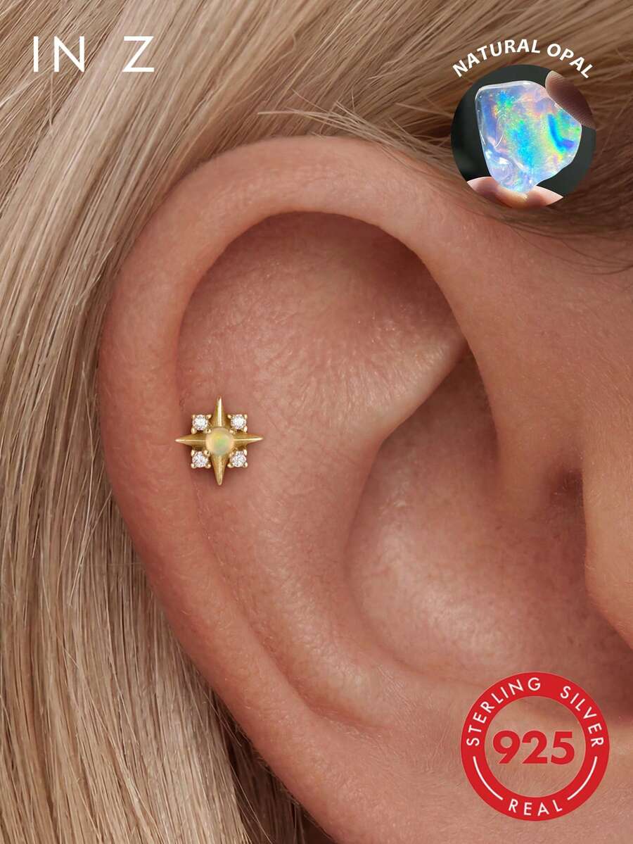 IN Z 1pc 925 Sterling Silver Natural Opal Inlaid Four-Pointed Star With 4 Cubic Zirconia Surrounded Flat Back Lip Stud Earring | Small Stud Earring | Stackable Earring | Octagonal Star Earring | 925 Sterling Silver Jewelry | Suitable For Women's Daily Wear | Sold As Single Piece (Not A Pair) - Four-pointed Star With Four Diamonds - View 1