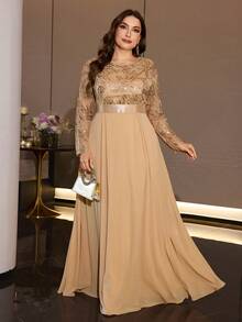 XUIBOL Elegant Plus Size Women's Round Neck Long Sleeve Sequin Fitted Bodice Formal Dress, Flared Skirt, Suitable For Evening Occasions - Champagne - View 6