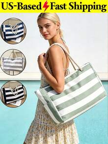 Beach Bags For Women Large Waterproof Beach Tote Bag Canvas Shoulder Bag Swim Pool Bag Casual Stripe Design Tote Bag Travel Essential Vacation - 彩色 - 查看 2