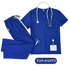 Unisex Medical Uniforms Men Women Nursing Clothes Lab Beauty Costume Nurse Scrubs Set Doctor Dentist Workwear Clinical Top Pants - Royal Blue - View 3