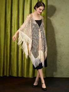 Vintage 1920s Sequin Embroidered Fringe Shawl Elegant Retro Polyester Breathable Mesh Short Capelet Woman'S Fashion Party Evening Dress Accessory - Multicolor - View 11