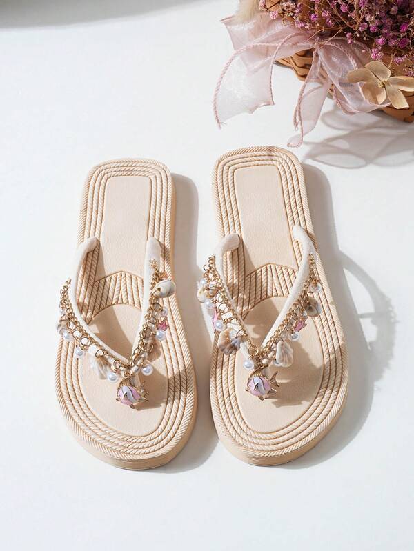 Bohemian Ocean Theme Beach Decor, Paired With Gold-Plated Chain, Beige Casual Fashion Women's Slippers, Soft And Comfortable, Lightweight And Breathable, Suitable For Vacation, Outdoor, Beach, Travel, Open Toe Flip Flops