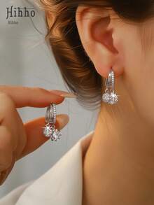 Hihho 1 Pair Double-Layer Diamond Hoop Earrings With Sunflower And Round Diamond Pendant, Unique Design, Luxurious And Graceful Charm, Elegant Jewelry Earrings For Work And Formal Occasions - Double Drop Earrings - View 4