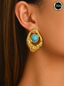 1 Pair European & American Vacation Style Stainless Steel Vintage Textured Asymmetrical Hollow Turquoise Stud Earrings, Suitable For Women's Daily Commute, Party, Evening Banquet, Autumn/Winter Atmosphere Accessory - Gold - View 4
