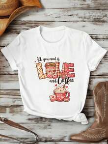 Women's T-Shirt With "Love Coffee" Print, 100% Cotton, Loose Fit, Casual, Graphic Design. - White - View 1